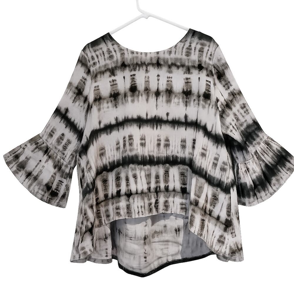 Bryn Walker L Linen Shibori Tie Dye Bell Sleeve Top Lagenlook Eclectic Aunt